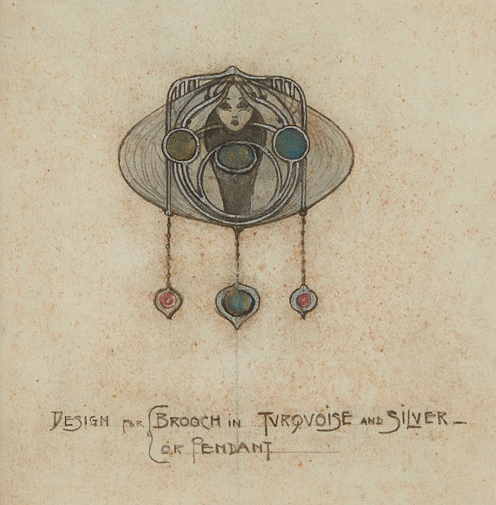 LOT 355 | FRANCES MACDONALD MCNAIR (1873-1921) | DESIGN FOR A BROOCH OR PENDANT, CIRCA 1901-02 pencil and watercolour, inscribed in pencil DESIGN FOR BROOCH IN TURQUOISE AND SILVER-/ OR PENDANT | 10cm x 10.5cm | Provenance: Mrs C. Armstrong, the artist's niece; The Fine Art Society, London, 1979; Private Collection | £3,000 - £5,000 + fees